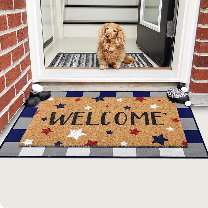 2 Pcs 4th of July Door Mat Patriotic Welcome Non Slip Coir Mats Red Blue White Independence Day Star Buffalo Floor Layering Doormats Seasonal for Front Porch Entryway Decor(Independence Day)