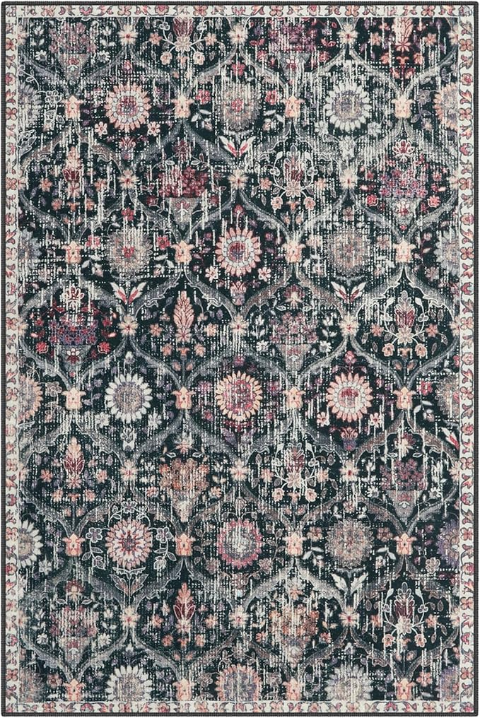 Lahome Moroccan Machine Washable Rugs for Living Room, 4x6 Rug for Bedroom Non-Slip Vintage Trellis Ultra-Thin Throw Carpet for Dining Room Office Nursery, Black/Multi