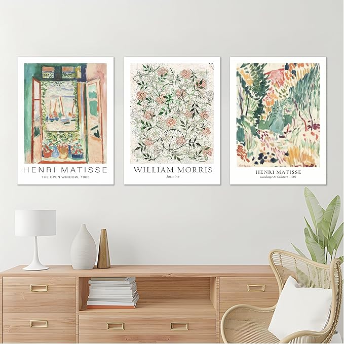 WRFON Unframed Sage Green Botanical Wall Art, Vintage Matisse Flower Market Wall Decor, Retro William Morris Floral Canvas Painting Prints for Gallery Wall, Living Room Bedroom 12"x16"x3