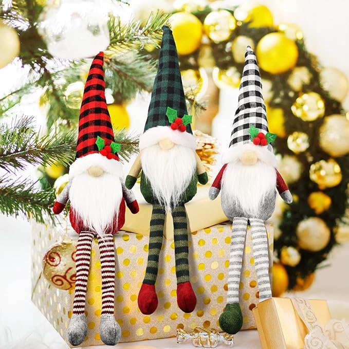 3Pcs Christmas Gnomes Plush - Xmas Gnomes Santa Scandinavian Tomte Ornaments - Buffalo Check Plaid Christmas Doll - Xmas Decorations for Home, Office, Indoor for Women, Gnomes Lovers