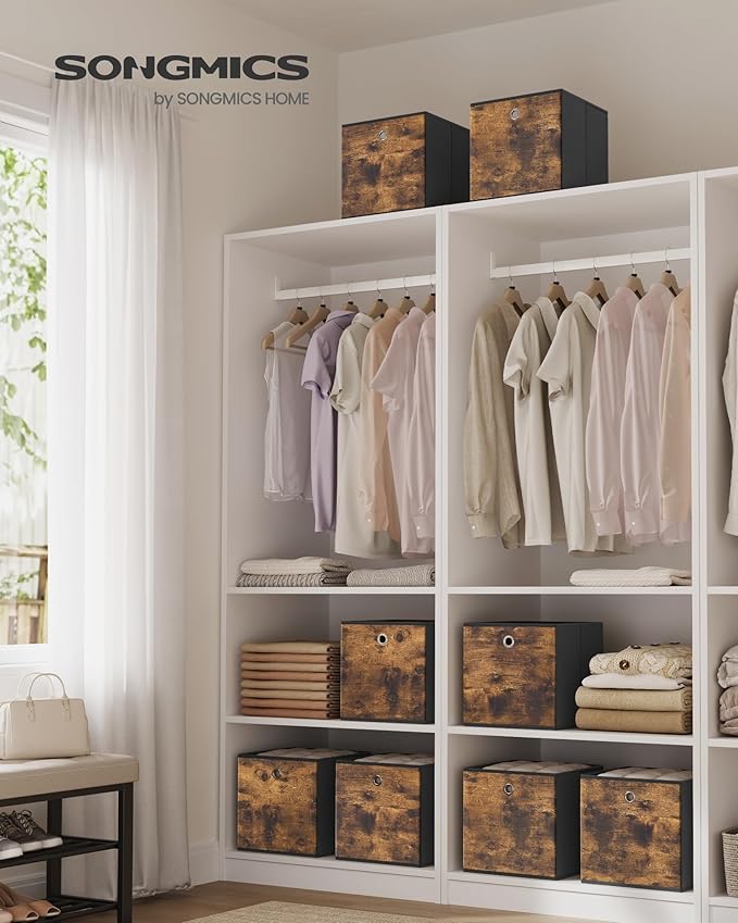 SONGMICS Storage Cubes, Set of 8 Storage Bins, Foldable Fabric Storage Boxes, 11.8 x 11.8 x 11.8 Inches, Fit Cube Storage Unit, for Clothes, Bedroom, Living Room, Rustic Brown and Ink Black URFB830B01