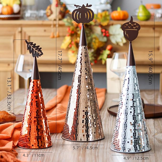 WDHODEC Fall Table Decor Tree 3PCS, Handmade Fall Halloween Table Centerpiece Decorations, Tabletop Disco Ball Tree for Autumn Party, Wedding, Indoor Outdoor Thanksgiving Decor Orange Brown Silver