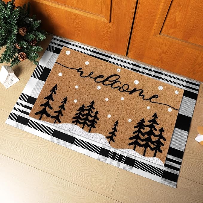 2 Pcs Door Mat Welcome Non Slip Coir Mats Floor Layering Doormats Seasonal for Front Porch Entryway Decor(Snowy Tree)
