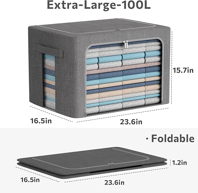 Extra Large Clothes Storage Bins - Linen Fabric Foldable Stackable Container Organizer Set with Clear Window & Carry Handles & Metal Frame (Dark Gray, Extra Large-100L)