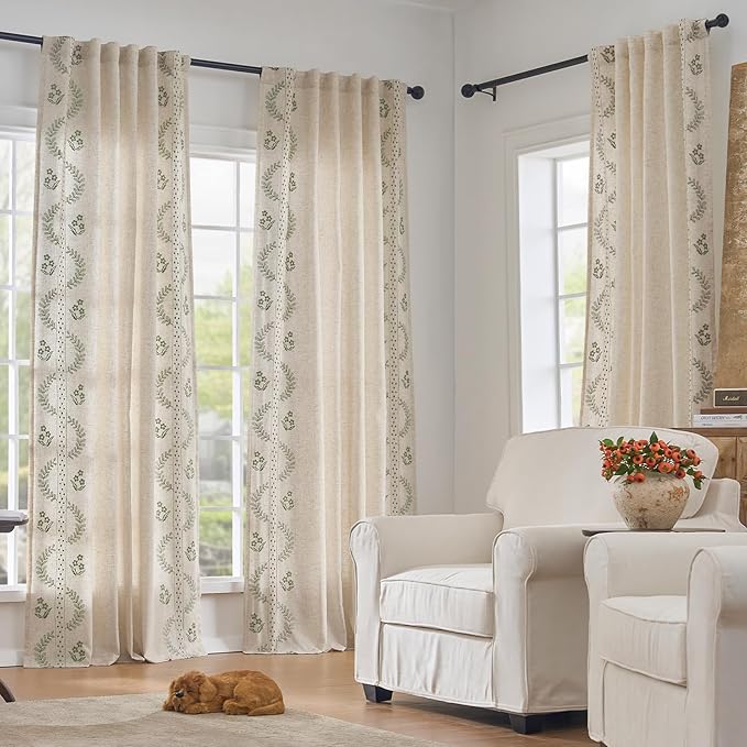 jinchan Belrose Lined Linen Blend Curtains Floral Curtains for Bedroom 84 Inch Length Sage Green Embroidered Drapes Rod Pocket Farmhouse Flower Drapes for Living Room Window Treatments Set 2 Panels