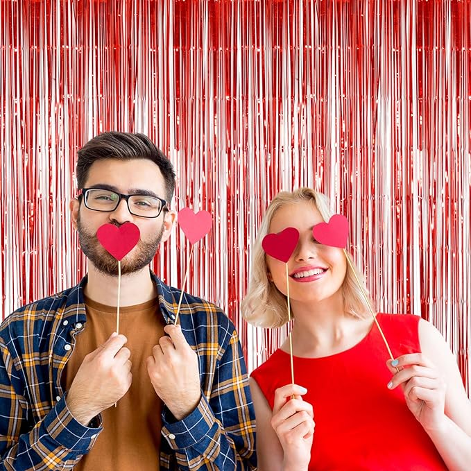 Red Foil Fringe Curtain Party Decorations, Melsan 3.2 x 8 ft Metallic Tinsel Curtains Streamer Backdrop for Christmas, Birthday, Anniversary, Valentine's Day Party Decorations, Pack of 2