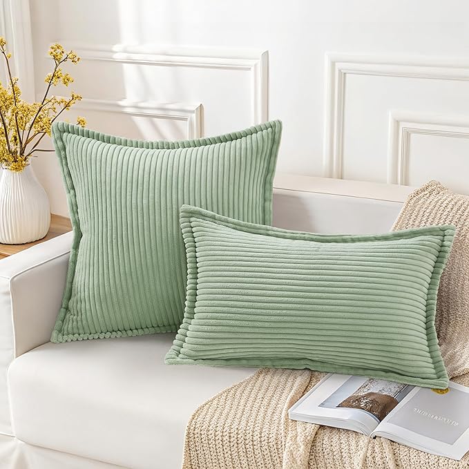 Mecatny Corduroy Throw Pillow Covers 16x16 Set of 2, Neutral Decorative Soft Boho Couch Pillow Covers with Broadside for Sofa Living Room, Sage Green
