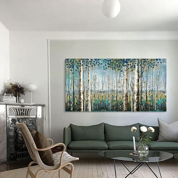 Large Wall Art Decor Green View White Birch Forest Canvas Painting Nature Plant Picture Wildlife Trees Landscape Artwork Home Living Room Bedroom Office Wall Decoration Hand-Painted Wall Art 24x48