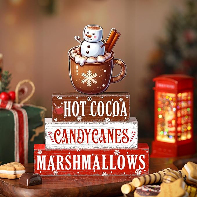 Geelin 4 Pieces Christmas Hot Cocoa Wooden Table Decorations Xmas Hot Cocoa Wooden Signs Rustic Marshmallow Tiered Tray Decor Tabletop Centerpieces for Home Desk Room Kitchen Shelf