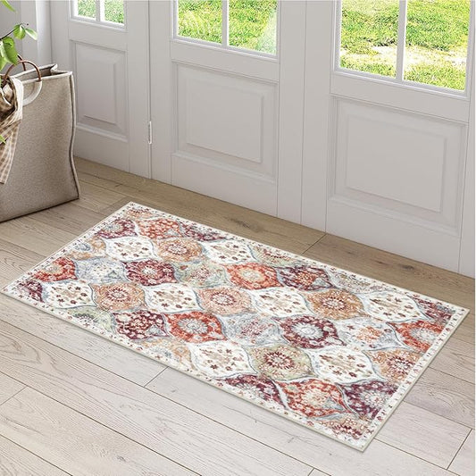 Lahome Washable Entryway Rug, 2x4 Kitchen Rugs for Entryway Bathroom, Non-Slip Indoor Door Mat Ultra-Thin, Small Oriental Throw Carpet for Bedroom Entry, Orange/Terracotta