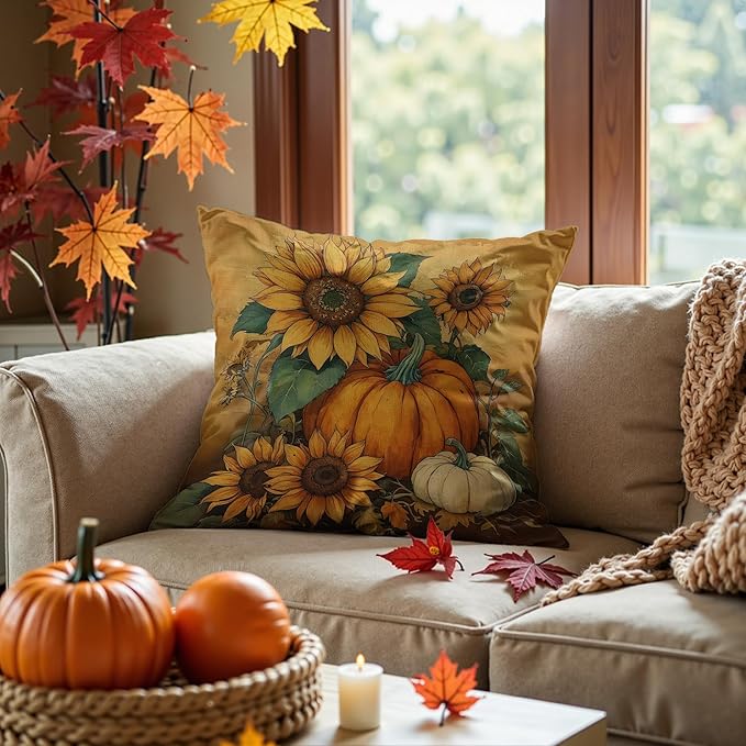 Vintage Fall Sunflower Pumpkin Pillow Covers 18x18,Autumn Pillow Cases Decor,Fall Autumn Pumpkin Decorative Cushion Covers for Home Bedroom Living Room