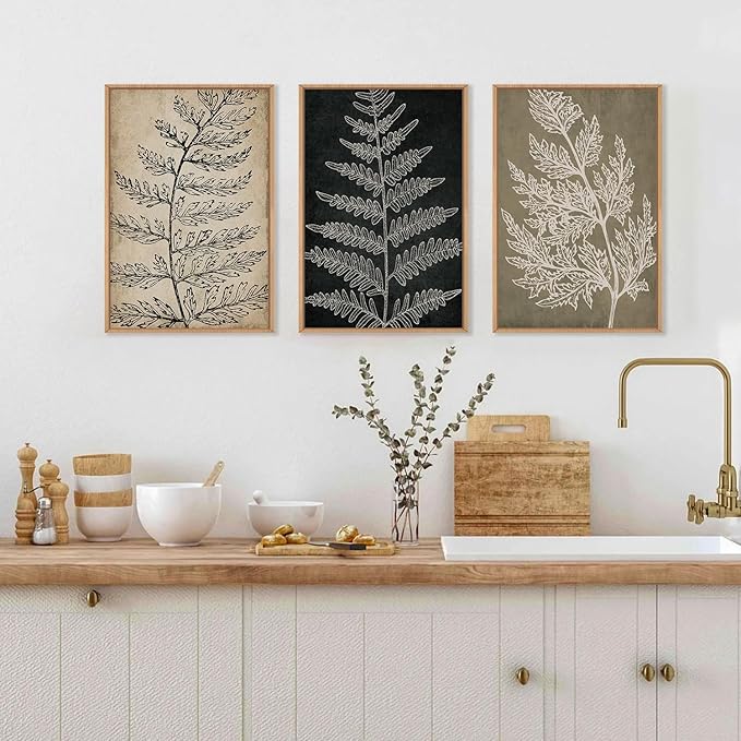 KAIRNE Botanical Fern Leaf Framed Wall Art set, Rustic Farmhouse Plant Wall Decor, Minimalist Black Tan Fern Leaf Wall Painting, Boho Modern Artwork for Living room, Bedroom, Farmhouse, 24"x36"x3