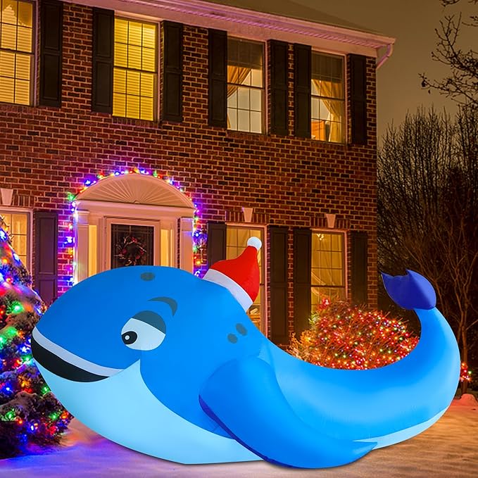 DR.DUDU 10 FT Christmas Inflatable Outdoor Decorations, Blow Up Whale Inflatables with Santa Hat LED Lights for Yard Lawn Garden Outside Large Xmas Holiday Decoration