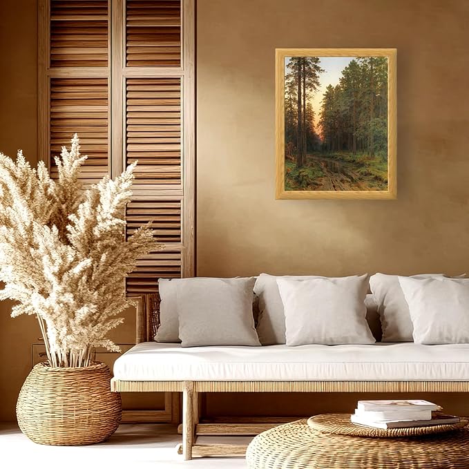 Brivoria Framed Canvas Wall Art Vintage Decor, Majestic Autumn Forest Landscape with Pine Trees, Sunset Shadows and Golden Reflections for Living Room Bedroom Fireplace or Gallery Display, 16"x20"