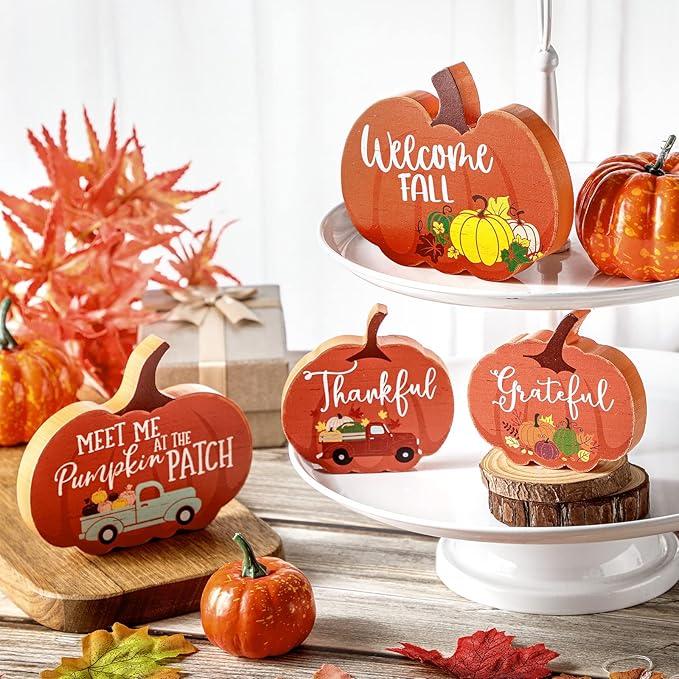 Jetec 4 Pcs Fall Decor for Home Thanksgiving Tiered Tray Decoration Fall Desk Decor Pumpkin Table Centerpiece Welcome Rustic Wood Block Sign for Office Autumn Table Mantel Decoration(Pumpkin Color)