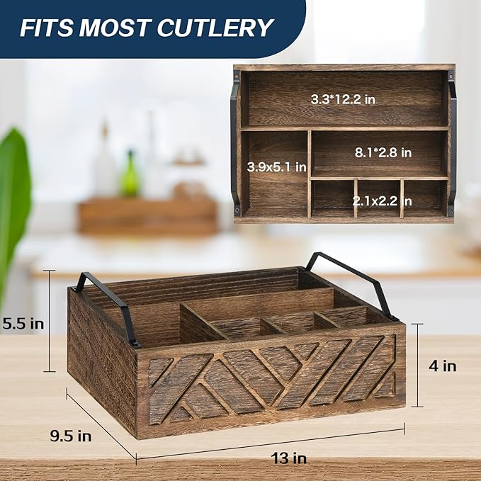 Flatware Organizers Paper Plate Dispenser with Handles, Paper Plate Holder for Kitchen Counter, Wood Rustic Silverware Utensil Caddy, Brown