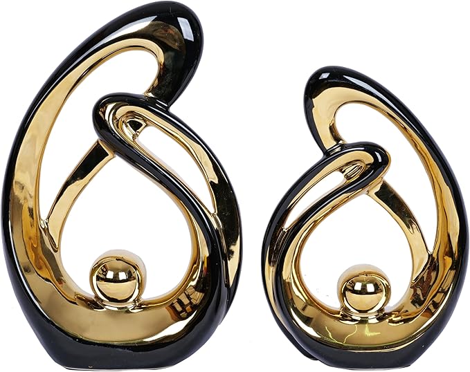 2 Pcs Black and Gold Decor Table Sculpture Decorations Ceramic Statue Mid Century Modern Decor Figurine Centerpieces for Dining Room Living Room Fireplace Shelf Office Coffee Table Decor