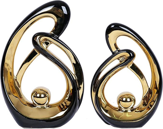 2 Pcs Black and Gold Decor Table Sculpture Decorations Ceramic Statue Mid Century Modern Decor Figurine Centerpieces for Dining Room Living Room Fireplace Shelf Office Coffee Table Decor