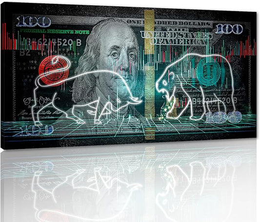 Large Size Stock Market Bull VS Bear Artwork Paintings Motivational 100 Dollar Money Benjamin Franklin Canvas Wall Art Wooden Framed Ready to Hang-40x20 inches
