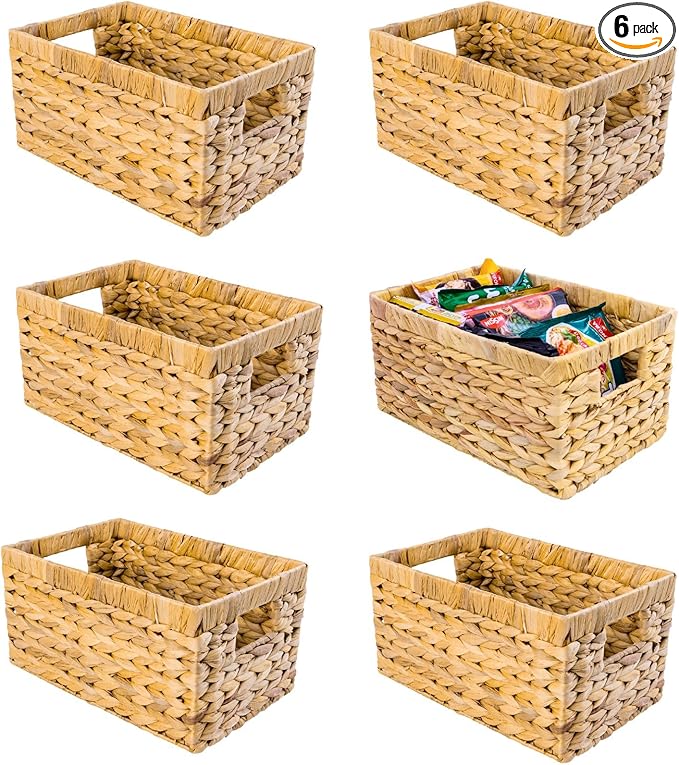 Set of 6 Wicker Storage Basket, Water Hyacinth Storage Baskets, Wicker Storage Baskets for Shelves, Wicker Baskets for Storage, Woven Baskets For Storage (6 Packs Medium)