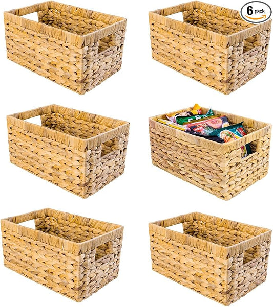 Set of 6 Wicker Storage Basket, Water Hyacinth Storage Baskets, Wicker Storage Baskets for Shelves, Wicker Baskets for Storage, Woven Baskets For Storage (6 Packs Medium)