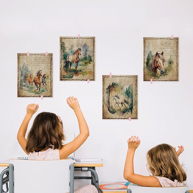 HRQKO Vintage Retro Horse Wall Art Poster Prints Set of 4, Watercolor Wildlife Animals Horse Pictures Printing Posters Wall Decor, Colorful Woodland Prints for Bathroom Living Room 8”x10” Unframed