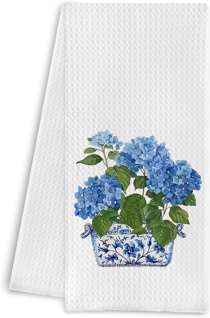 Chinoiserie Kitchen Towels 16x24 Inches - Blue and White Hydrangea Floral Dish Towels, Decorative Hand Towels for Bathroom and Kitchen