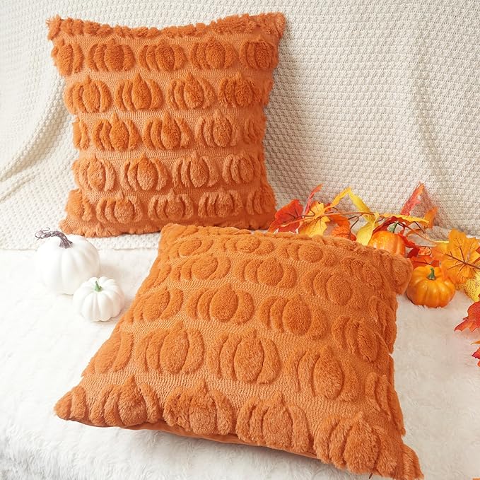 GEEORY Fall Pumpkins Soft Plush Pillow Covers, 16 x 16 Inch Set of 2, Fluffy Faux Fur Wool Decorative Farmhouse Cushion Case for Sofa Home Decoration Orange GC018-16