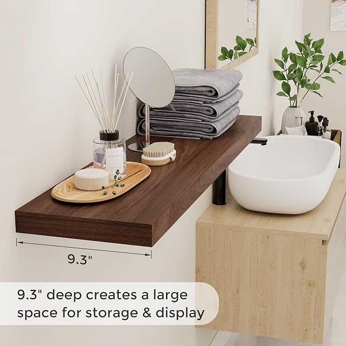 40 Inch Floating Shelvese, 40" W x 9.3" D Floating Shelf Set of 2, Farmhouse Wood Wall Shelves for Bedroom, Kitchen, Wall Mounted Deep Shelving for Home Decor, Walnut Color