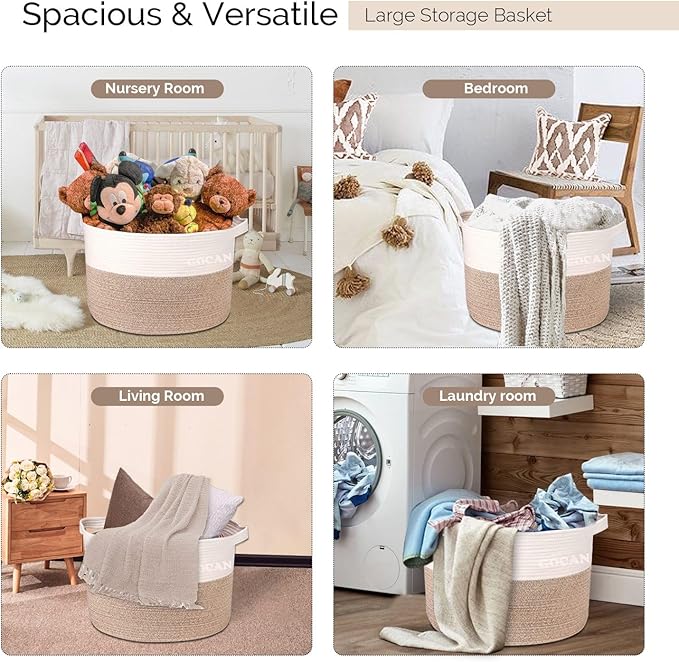 Extra Large Laundry Basket toy storage 22"X22"X14" blanket basket Cotton Rope Woven Baskets with Handles for Living Room (Brown/Beige) XXXL
