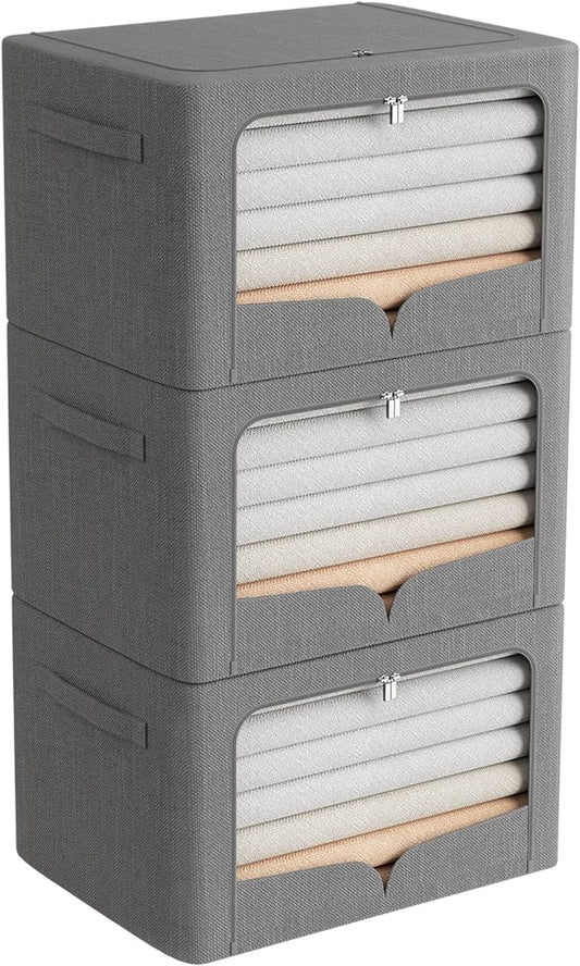 3 Pack Extra Large Clothes Storage Bins Foldable Metal Frame Storage Box Stackable Linen Fabric Organizer Set with Carrying Handles and Clear Window (Dark Gray, 23.6x16.5x15.7inch(100L))