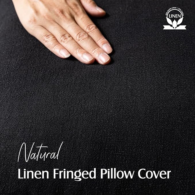 Foindtower Set of 2 Decorative Linen Fringe Throw Pillow Covers Cozy Boho Farmhouse Cushion Cover with Tassels Soft Accent Pillowcase for Couch Sofa Bed Living Room Home Decor, 22×22 Inch, Black