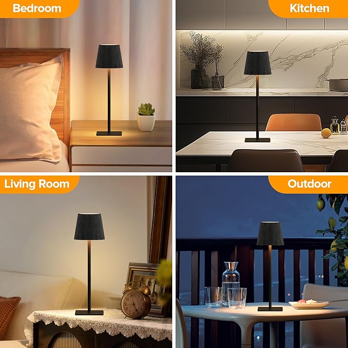 LUTEC 2 Pack Cordless Table Lamp,6000mAh Rechargeable Battery Operated Desk Lamp,Two Adjustable Heights,Waterproof, Touch Control & 3 Color Stepless Dimming for Restaurant/Bedroom/Bars/Outdoor (Black)