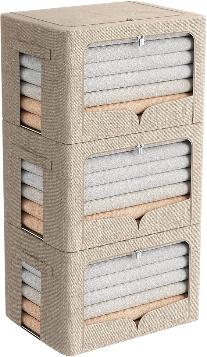 3 Pack Clothes Storage Bins Foldable Metal Frame Storage Box Stackable Linen Fabric Organizer Set with Carrying Handles and Clear Window (Beige, 15.7x11.8x11.8inch(36L))