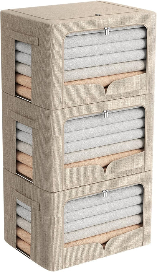 3 Pack Clothes Storage Bins Foldable Metal Frame Storage Box Stackable Linen Fabric Organizer Set with Carrying Handles and Clear Window (Beige, 15.7x11.8x11.8inch(36L))