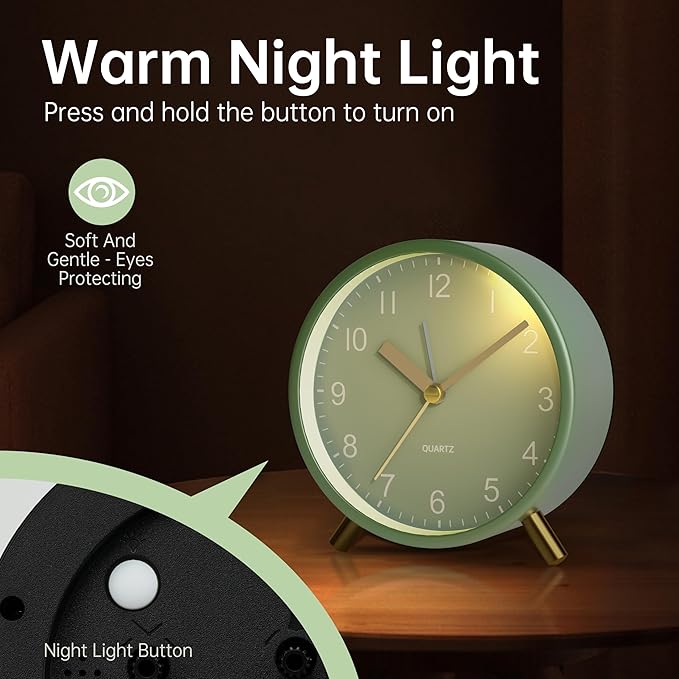 Analog Alarm Clock, 4 inch Super Silent Non Ticking Small Clock with Night Light, Battery Operated, Simple Design, easy setting for Office, Bedroom, Bedside, Desk, teens, elders, kids, adult, Green