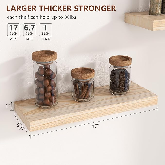 fuqing Natural Wood Floating Shelves - Wood Floating Shelves for Wall Set of 3-17 Inch Wide x 6.7 Inch Deep Natural Wooden Shelves for Living Room Bedroom Home Office