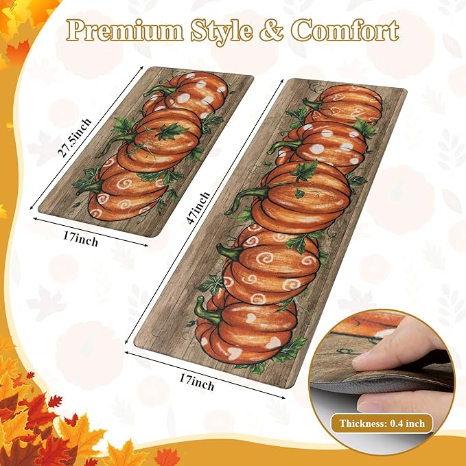SHACOS Fall Anti Fatigue Kitchen Mats 2 Pcs Orange Pumpkins Wood Board Autumn Harvest Non Slip Cushioned Floor Mat for Kitchen Ergonomic Standing Mats Fall Decor, 17x27.5+17x47, Orange Pumpkins