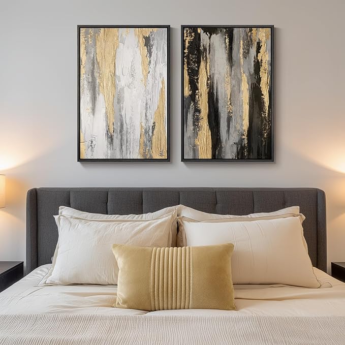 Framed Modern Abstract Wall Art Set of 2, Canvas Prints Paintings Artwork for Walls, Black White Grey Gold Pictures Wall Decor for Living Room, Dining Room, Bedroom, and Office 16x24 In