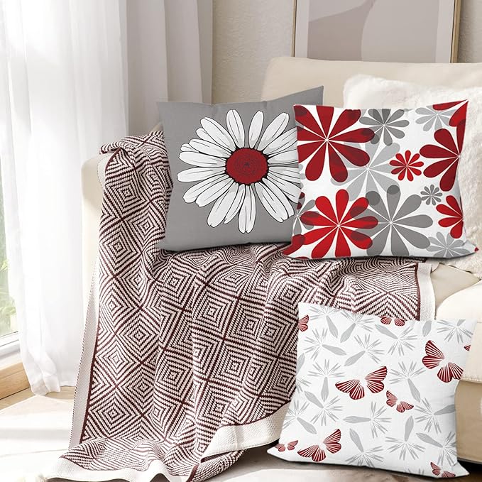 COMMINY Red Grey Pillow Covers 18x18 Set of 6 Decorative Burgundy Daisy Throw Pillow Cover for Couch Modern Farmhouse Cushion Pillow Case for Living Room Patio Home Decor