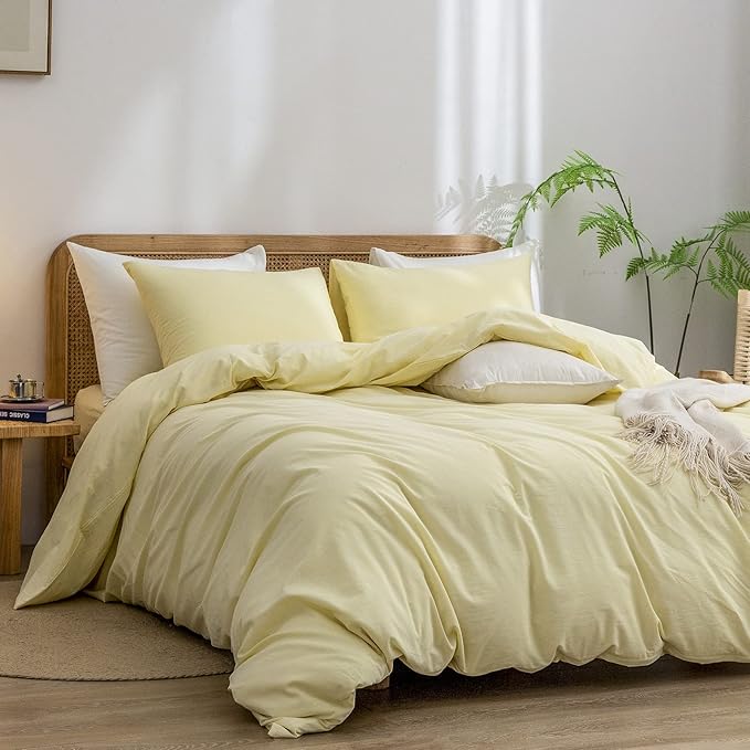 BESTOUCH Duvet Cover Set 100% Washed Cotton Linen Feel Super Soft Comfortable Chic Lightweight 3 PCs Home Bedding Set Solid Light Yellow King