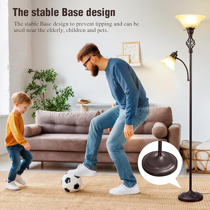 Torchiere Floor Lamp for Living Room, LED Standing Reading Light for Bedroom with Glass Shade for Living Room Corner Bedroom Home Office,Bulbs Included (Yellow Lampshade, Glass 2 Head)