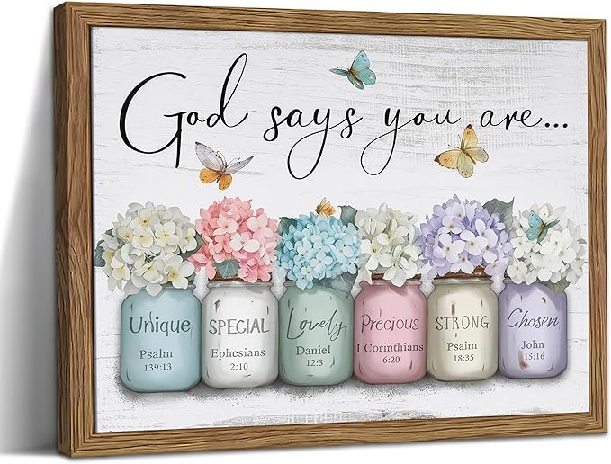 Wood Framed Inspirational Bible Verse Wall Art, Christian God Says You Are Wall Decor Paintings, Farmhouse Scripture Mason Jar Flower Pictures Posters Prints for Bathroom Bedroom Home Decor 12x16 Inch