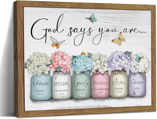 Wood Framed Inspirational Bible Verse Wall Art, Christian God Says You Are Wall Decor Paintings, Farmhouse Scripture Mason Jar Flower Pictures Posters Prints for Bathroom Bedroom Home Decor 12x16 Inch