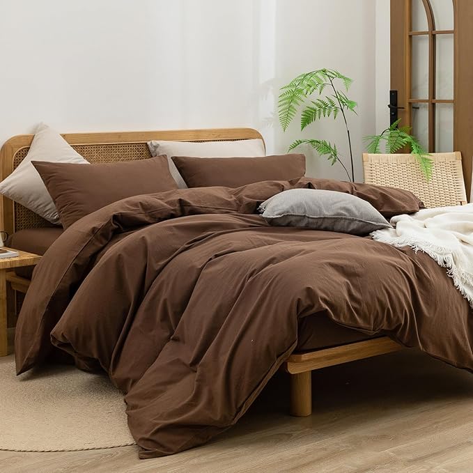BESTOUCH Duvet Cover Set 100% Washed Cotton Linen Feel Super Soft Comfortable Chic Lightweight 3 PCs Home Bedding Set Solid Cocoa Brown Oversized King