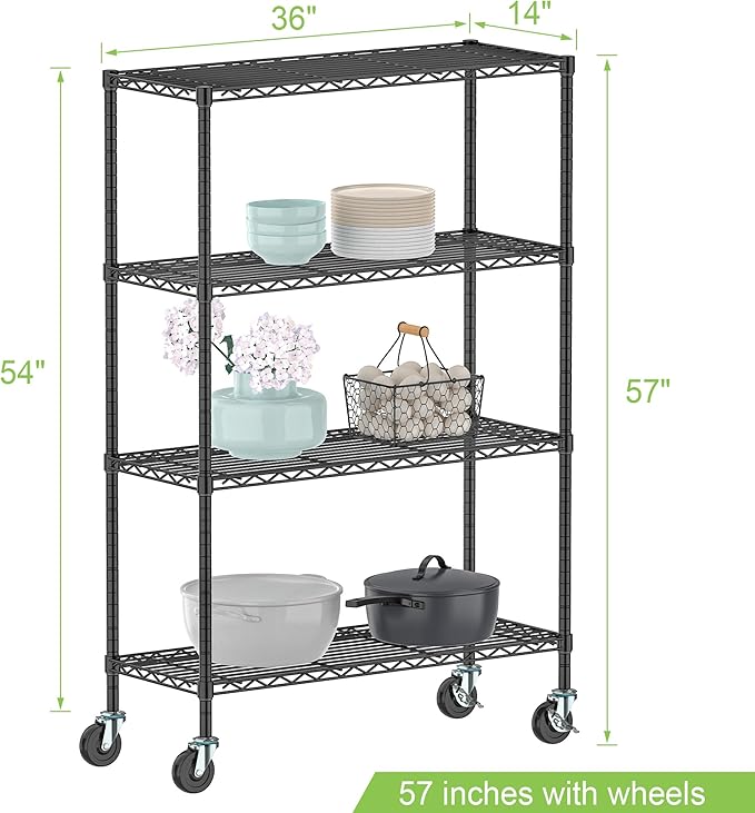 Wire Shelving on Wheels, 4-Tier Metal Rolling Storage Shelves Adjustable Steel Rack Organizer, Standing Wire Industrial Shelving for Kitchen Garage Pantry Office (4-Tier Shelf)