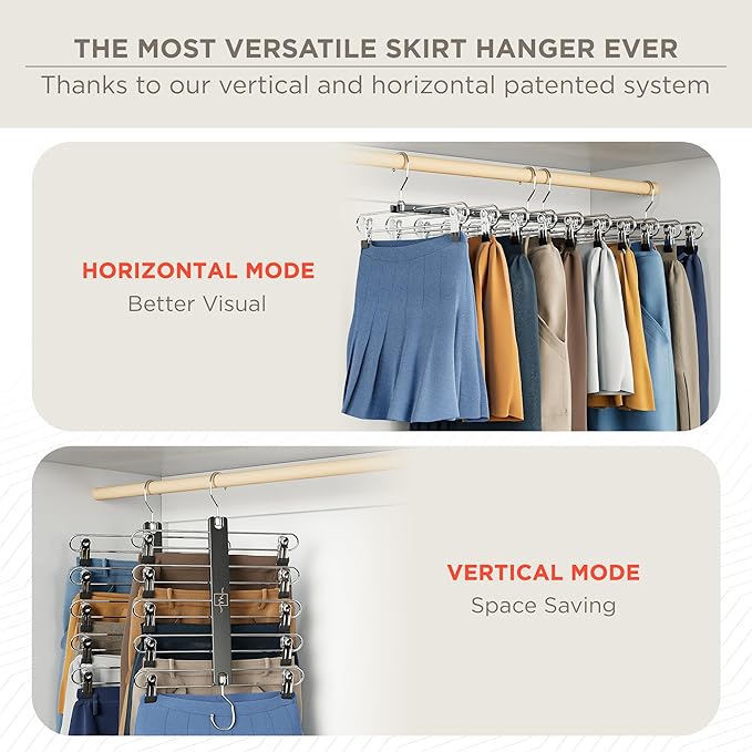 MORALVE Skirt Hangers Space Saving with Clips - 2 Pack - European Beechwood 5-Tier Hanger for Shorts, Skirts, and Pants - Closet Organizer and Storage Solution for Women with 360° Swivel Hook