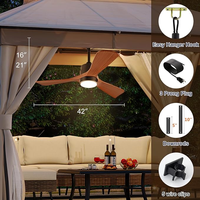 42 inch Gazebo Ceiling Fans Outdoor Hanging Waterproof, Wet Rated Oudoor Ceiling Fans for Patios with Light, 6 Speed Remote, Plug in Cord Outlet Hook for Outside Porch, Pergola, Garage-Wulnut