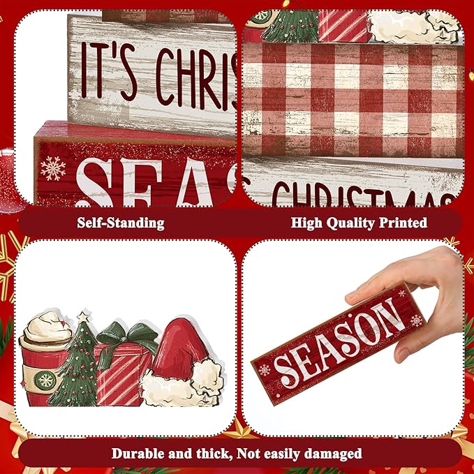 4 Pcs Wooden Christmas Tabletop Decor Xmas Tiered Tray Decor Winter Centerpiece Decorative Santa Hat Hot Cocoa Gift Box Tree Block Signs Gift Farmhouse Table Decoration for Home Kitchen