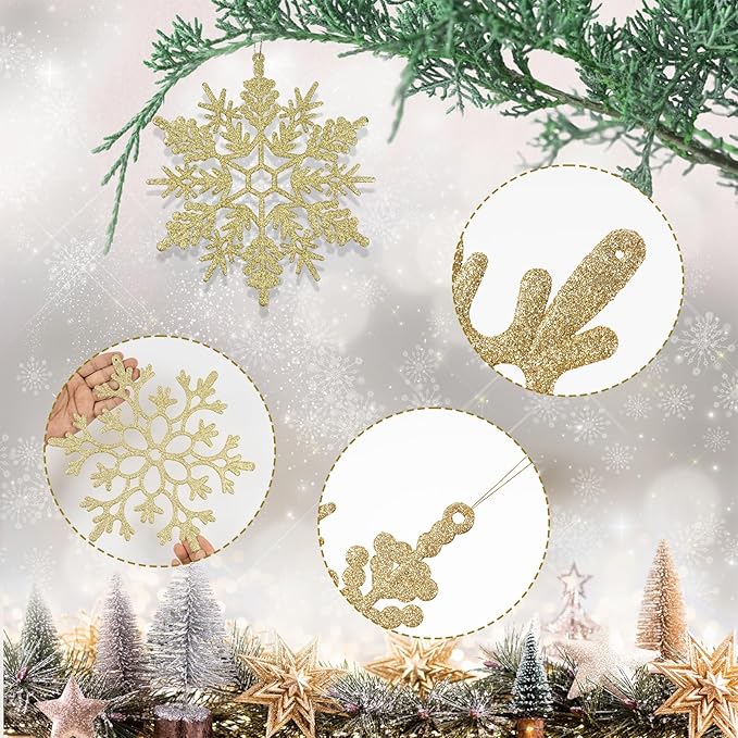 6pcs Large Gold Snowflakes Ornaments 12" Big Plastic Glitter Snowflake for Winter Indoor Outdoor Christmas Tree Window Room Decorations Giant Craft Snowflakes